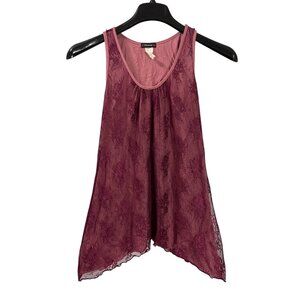 Vintage Y2K Cocomo Sheer Burgundy Lace Tank Top Size L Lined Asymmetrical Hem